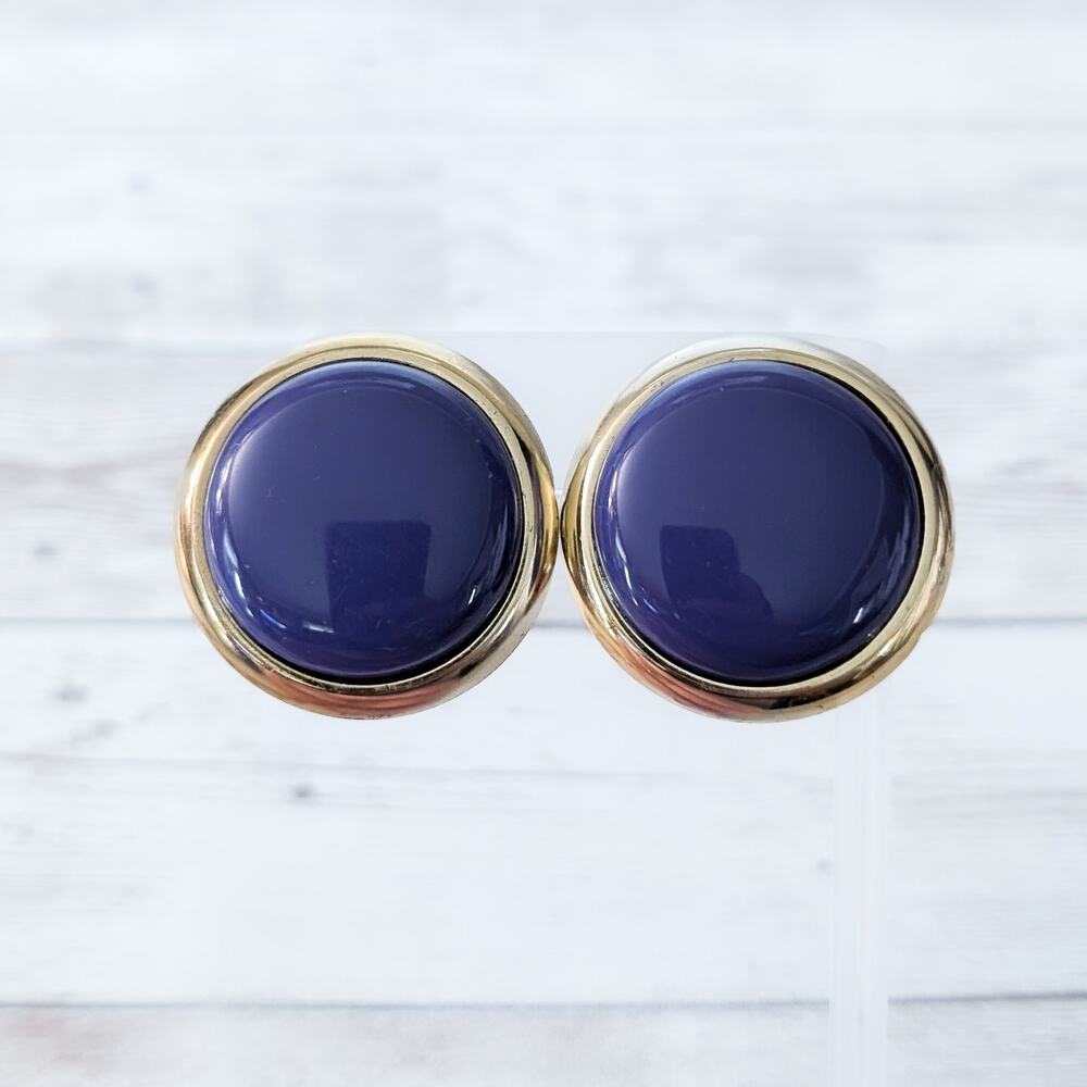 Vintage Clip On Earrings 1 & 3/8" Purple & Gold Tone Large Statement